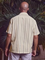 White Textured Stripe Short Sleeve Cuban Collar 100% Cotton Shirt - Image 2 of 7