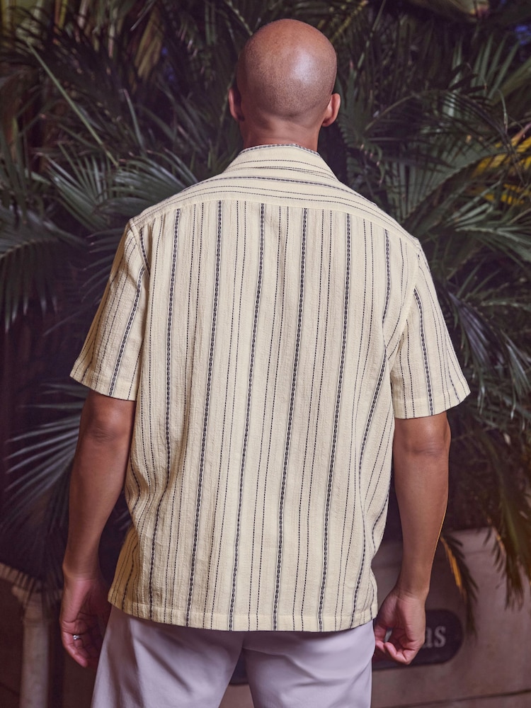 White Textured Stripe Short Sleeve Cuban Collar 100% Cotton Shirt - Image 2 of 7