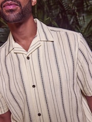 White Textured Stripe Short Sleeve Cuban Collar 100% Cotton Shirt - Image 4 of 7