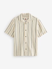 White Textured Stripe Short Sleeve Cuban Collar 100% Cotton Shirt - Image 5 of 7