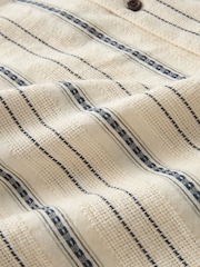 White Textured Stripe Short Sleeve Cuban Collar 100% Cotton Shirt - Image 7 of 7