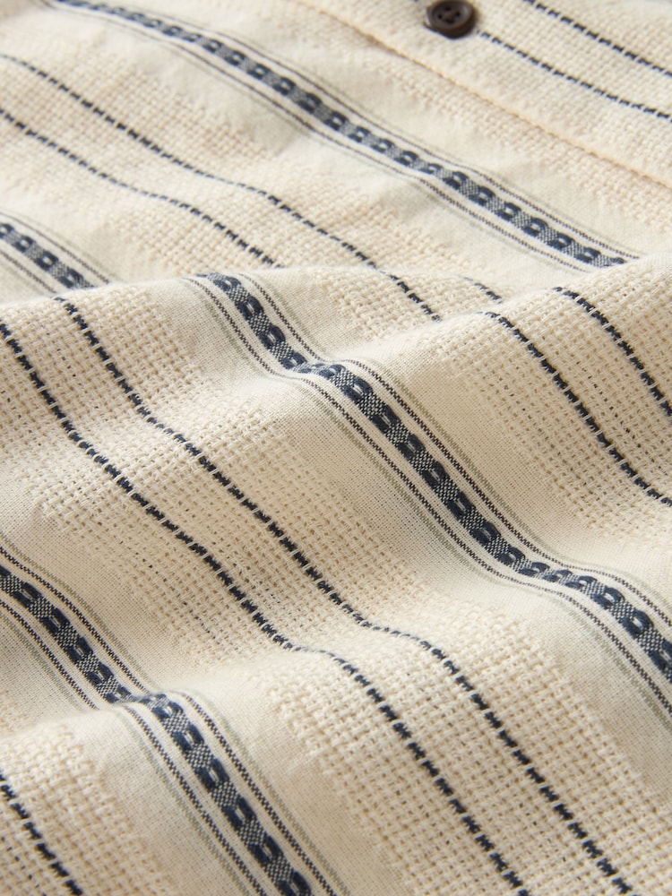 White Textured Stripe Short Sleeve Cuban Collar 100% Cotton Shirt - Image 7 of 7