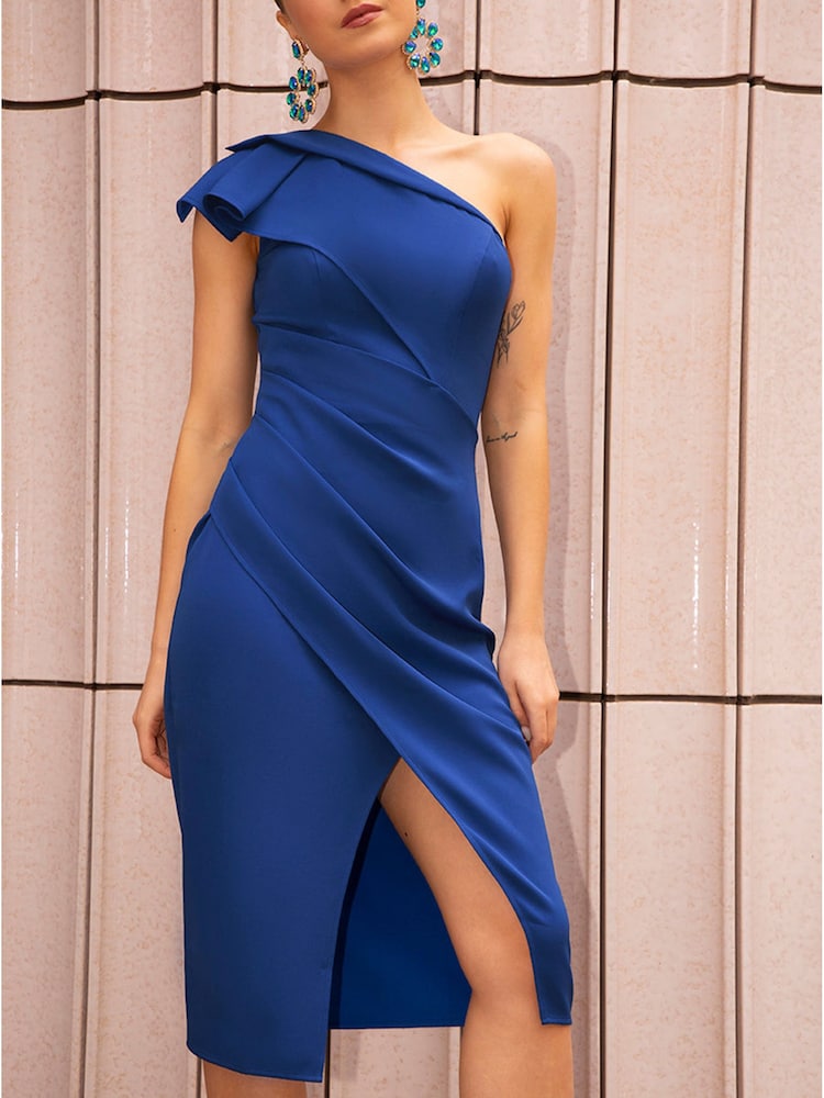 Chi Chi London Blue One Shoulder Wrap Detail Midi Dress - Image 1 of 5