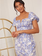 Chi Chi London Blue Short Puff Sleeve Jacquard Dress - Image 3 of 4