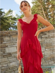 Chi Chi London Red V-Neck Sleeveless Ruffle Detail Dobby Maxi Dress - Image 3 of 4