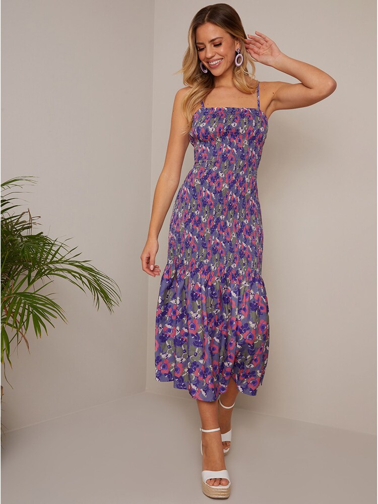 Chi Chi London Purple Floral Print Shirred Bodice Midi Dress - Image 1 of 2 Chi Chi London Purple Floral Print Shirred Bodice Midi Dress - Image 1 of 2