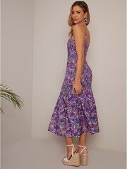 Chi Chi London Purple Floral Print Shirred Bodice Midi Dress - Image 2 of 2