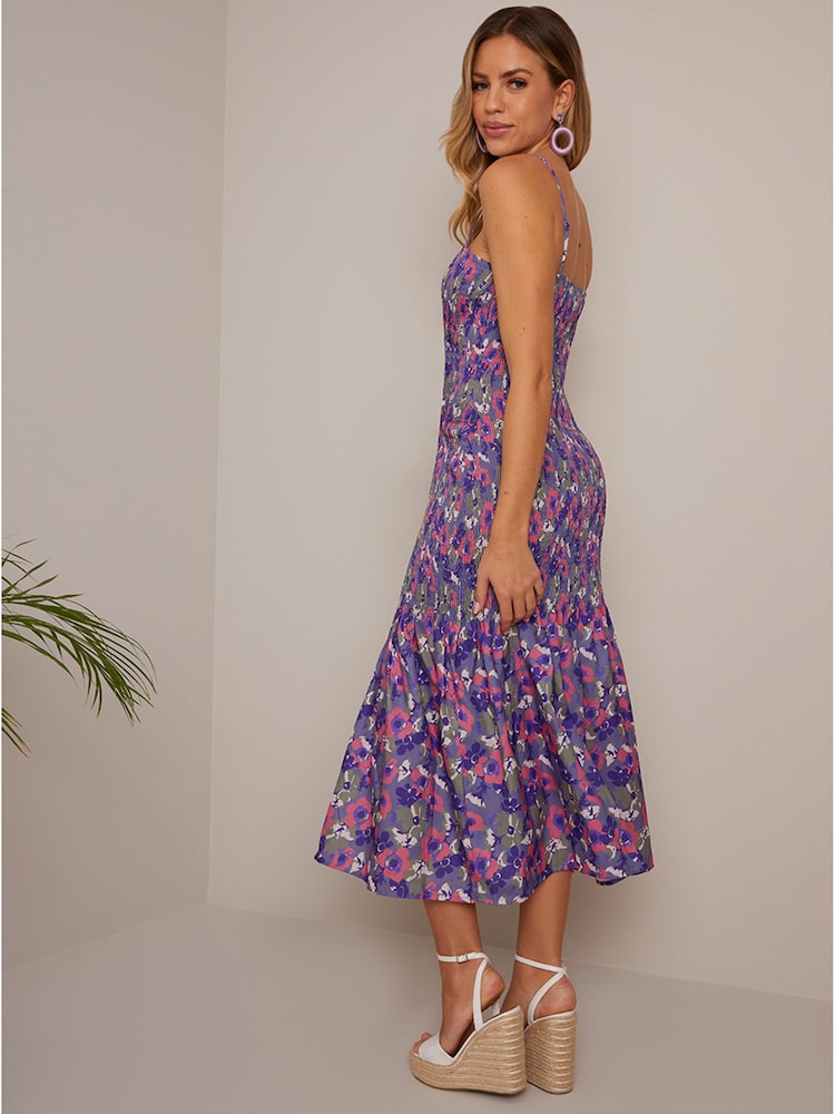 Chi Chi London Purple Floral Print Shirred Bodice Midi Dress - Image 2 of 2 Chi Chi London Purple Floral Print Shirred Bodice Midi Dress - Image 2 of 2