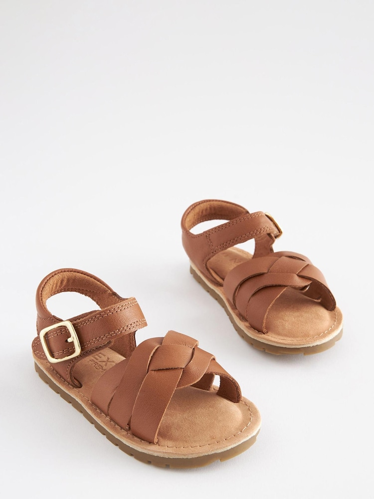 Tan Brown Standard Fit (F) Leather Woven Ankle Strap Sandals - Image 1 of 6