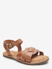 Tan Brown Standard Fit (F) Leather Woven Ankle Strap Sandals - Image 3 of 6