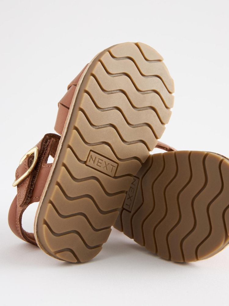 Tan Brown Standard Fit (F) Leather Woven Ankle Strap Sandals - Image 6 of 6