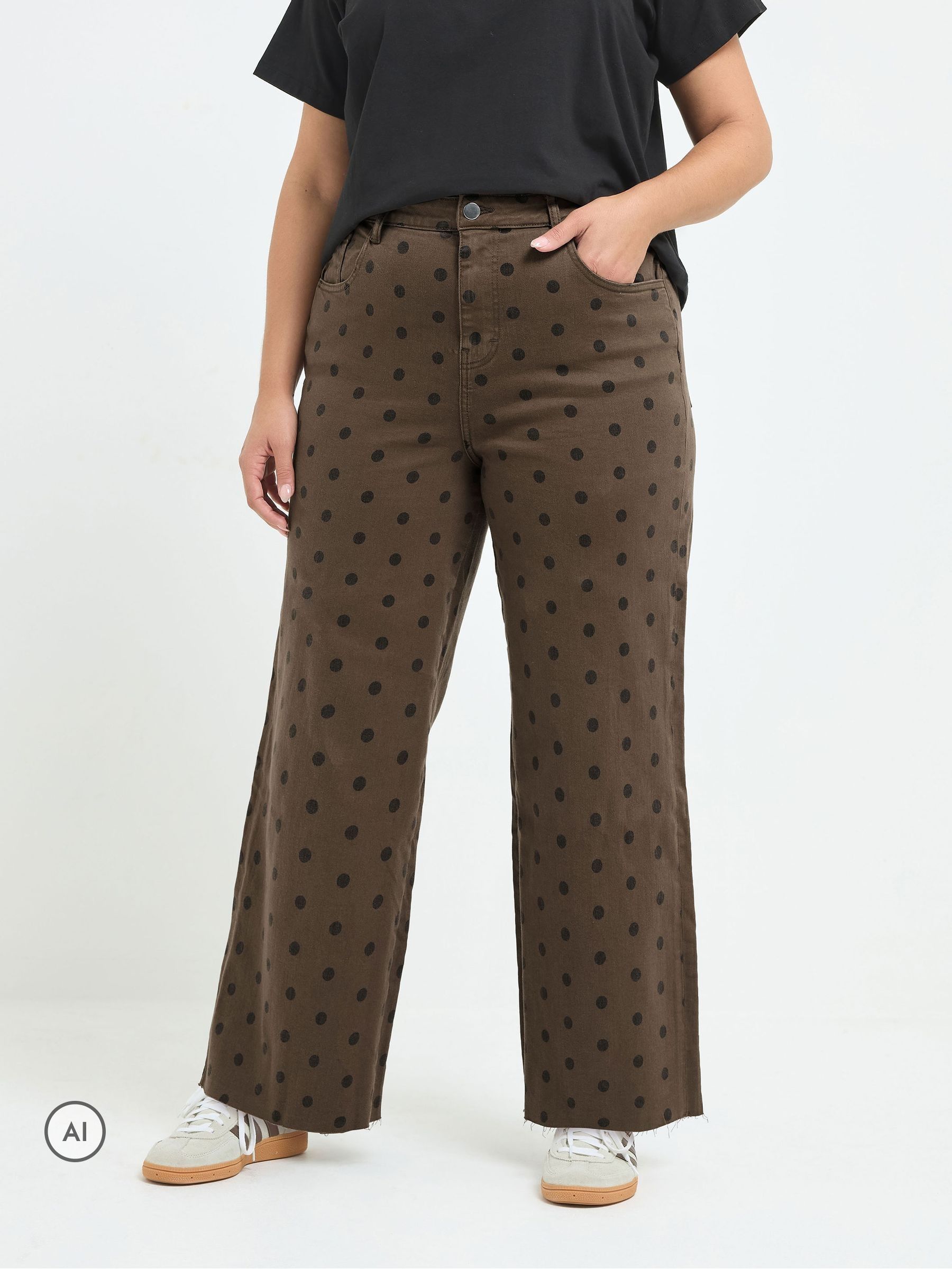 Yours Curve Women's Brown Limited Polka Dot Wide Leg Jeans
