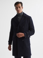 Reiss Navy Fall Double Breasted Wool Blend Military Overcoat - Image 1 of 7