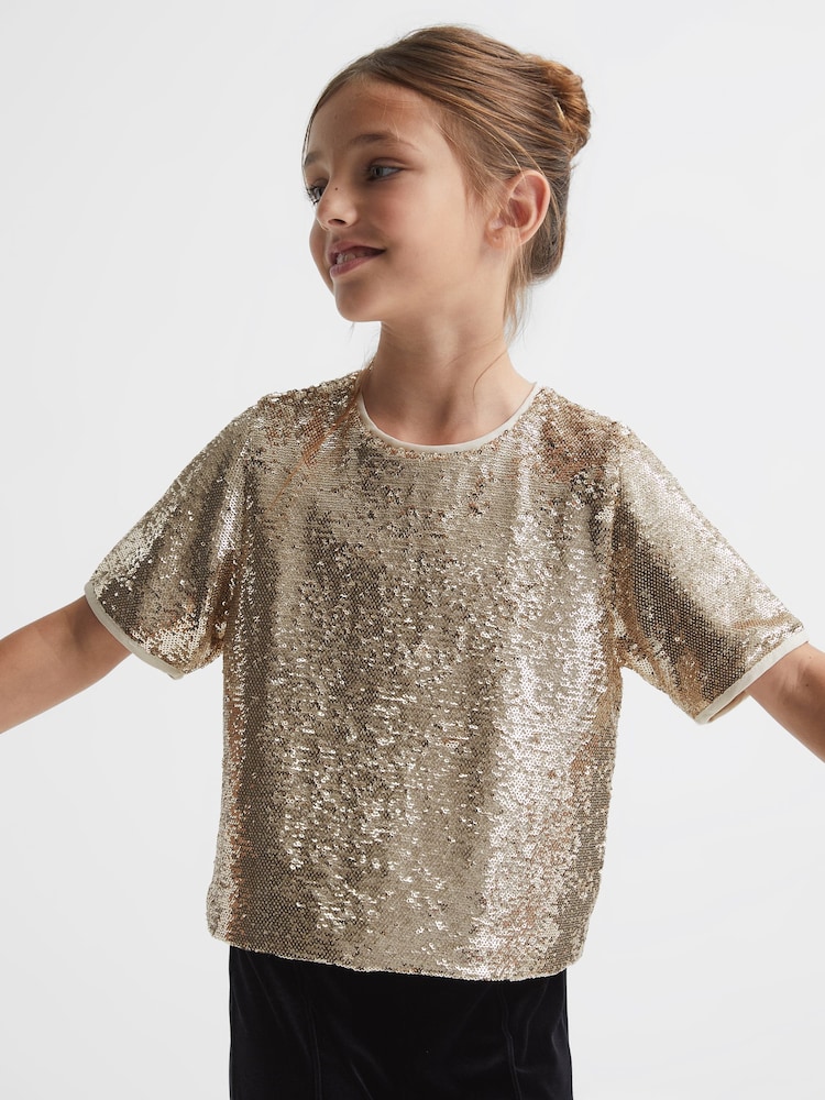 Reiss Silver Elsie Junior Sequin T-Shirt Blouse - Image 1 of 7