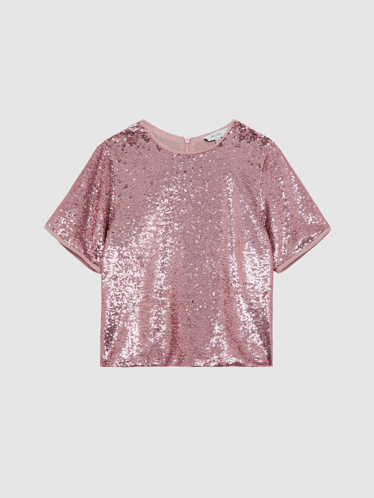 Reiss Pink Elsie Senior Sequin T-Shirt Blouse - Image 2 of 6