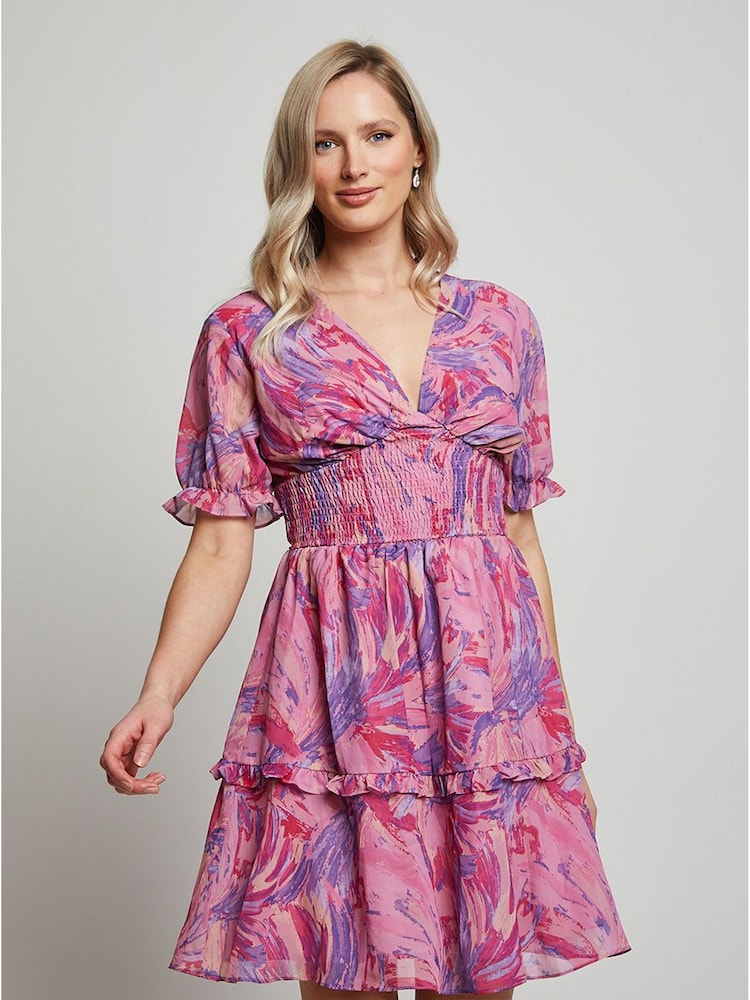 Chi Chi London Pink Puff Sleeve V-Neck Tiered Abstract Midi Dress - Image 1 of 5