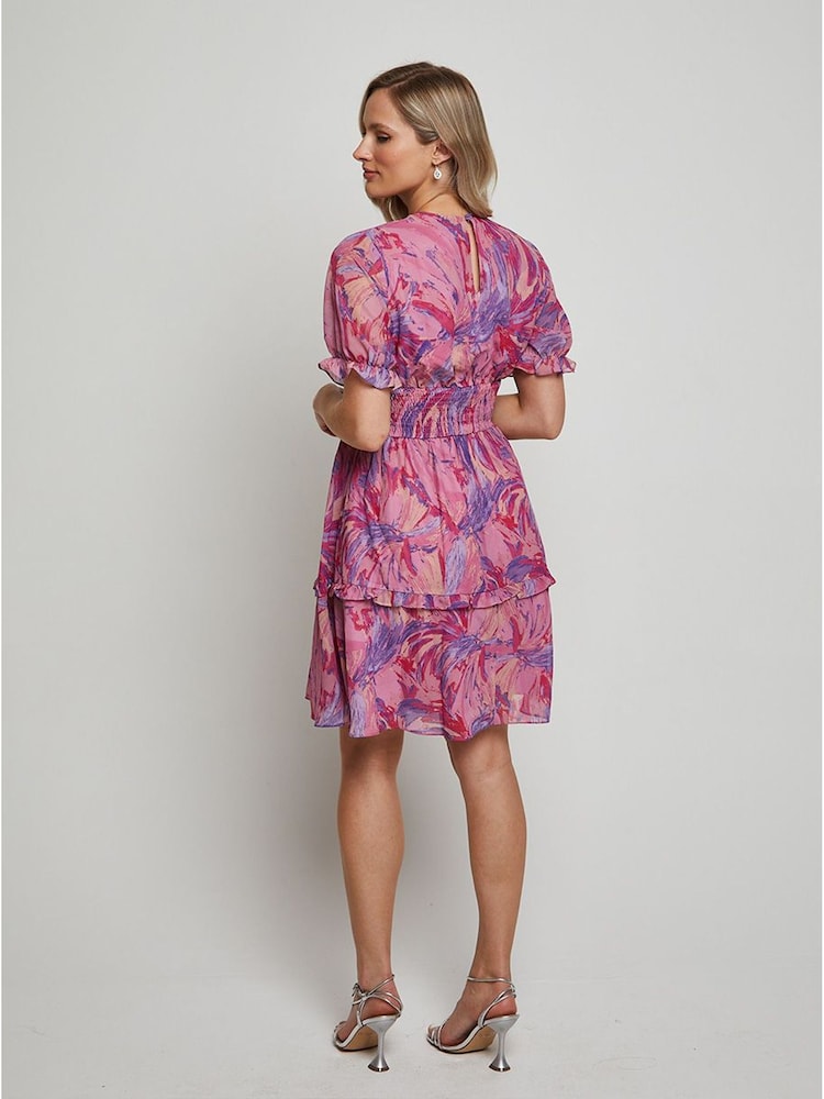 Chi Chi London Pink Puff Sleeve V-Neck Tiered Abstract Midi Dress - Image 2 of 5