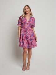 Chi Chi London Pink Puff Sleeve V-Neck Tiered Abstract Midi Dress - Image 3 of 5