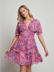 Chi Chi London Pink Puff Sleeve V-Neck Tiered Abstract Midi Dress - Image 4 of 5