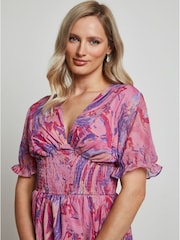 Chi Chi London Pink Puff Sleeve V-Neck Tiered Abstract Midi Dress - Image 5 of 5
