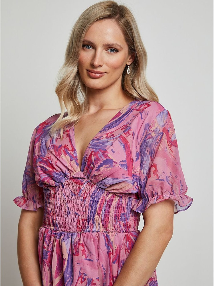 Chi Chi London Pink Puff Sleeve V-Neck Tiered Abstract Midi Dress - Image 5 of 5