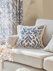 Blue 50 x 50cm Ikat Jacquard Geo Fringe Cushion - Image 1 of 5