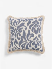 Blue 50 x 50cm Ikat Jacquard Geo Fringe Cushion - Image 2 of 5