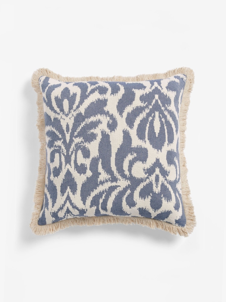 Blue 50 x 50cm Ikat Jacquard Geo Fringe Cushion - Image 2 of 5