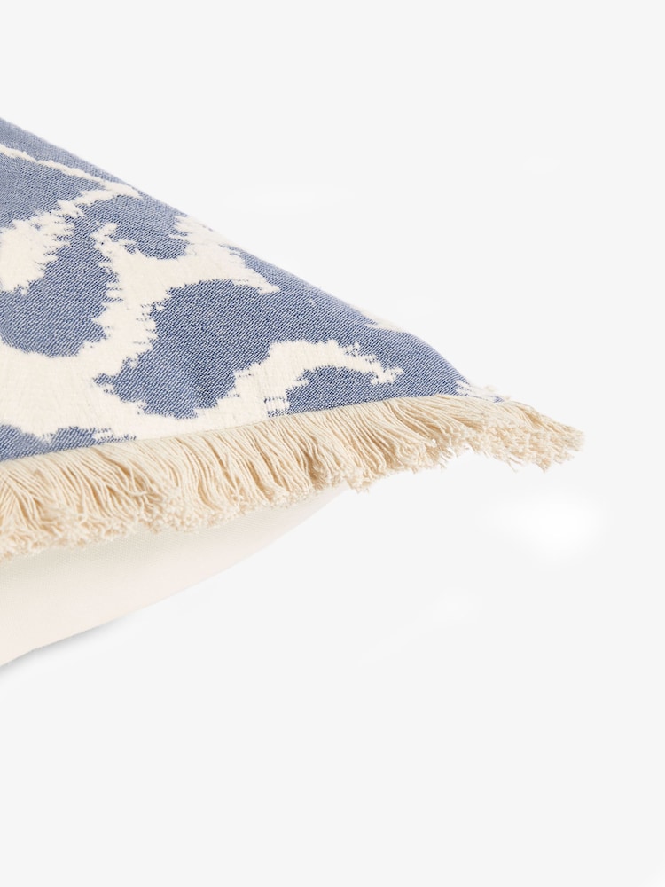 Blue 50 x 50cm Ikat Jacquard Geo Fringe Cushion - Image 5 of 5