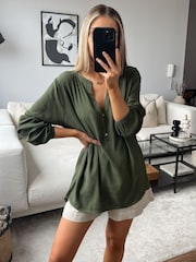 Charli Olive Green Crepe Henley Top - Image 1 of 3