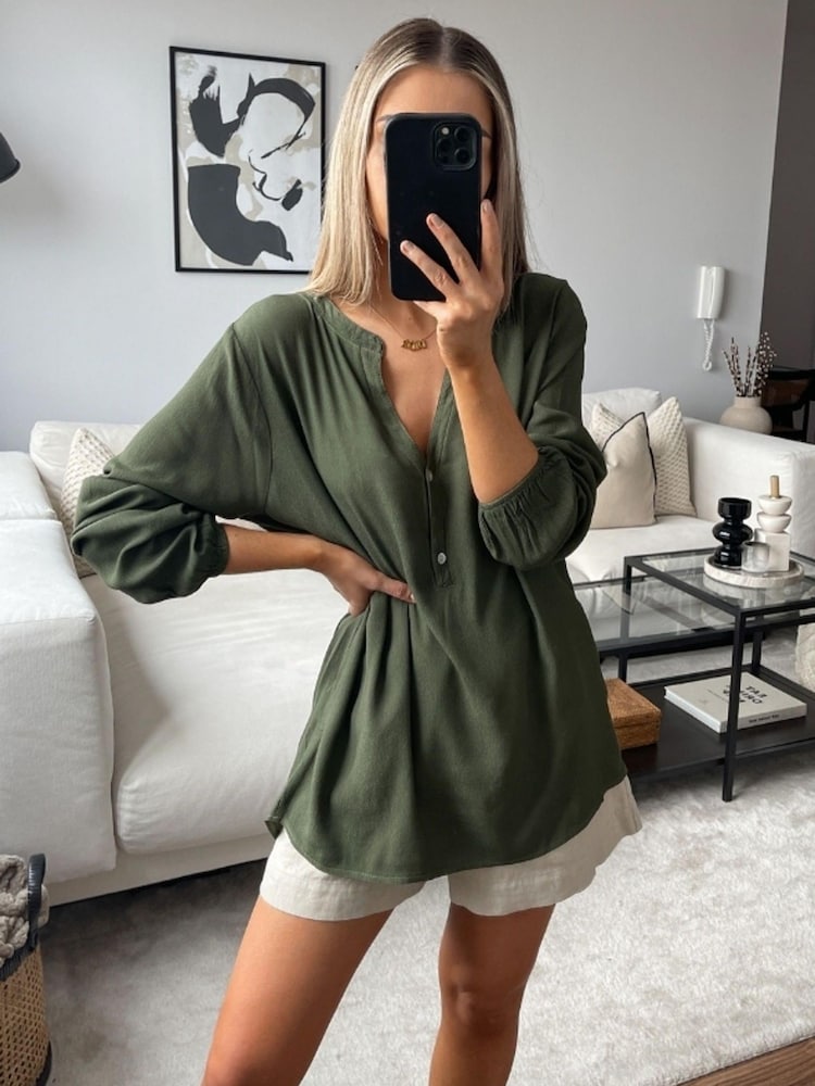 Charli Olive Green Crepe Henley Top - Image 1 of 3