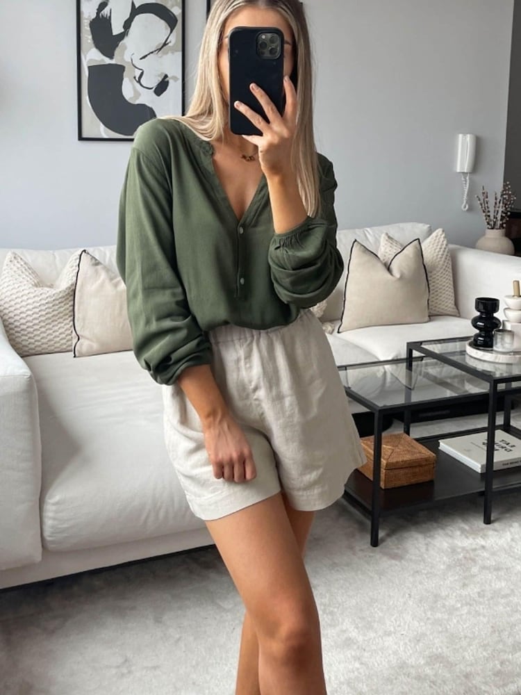 Charli Olive Green Crepe Henley Top - Image 2 of 3