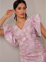 Chi Chi London Purple V-Neck Ruffle Sleeve Floral Jacquard Midi Dress - Image 3 of 4