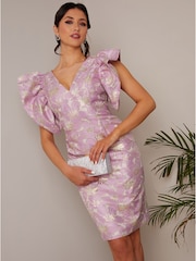 Chi Chi London Purple V-Neck Ruffle Sleeve Floral Jacquard Midi Dress - Image 4 of 4