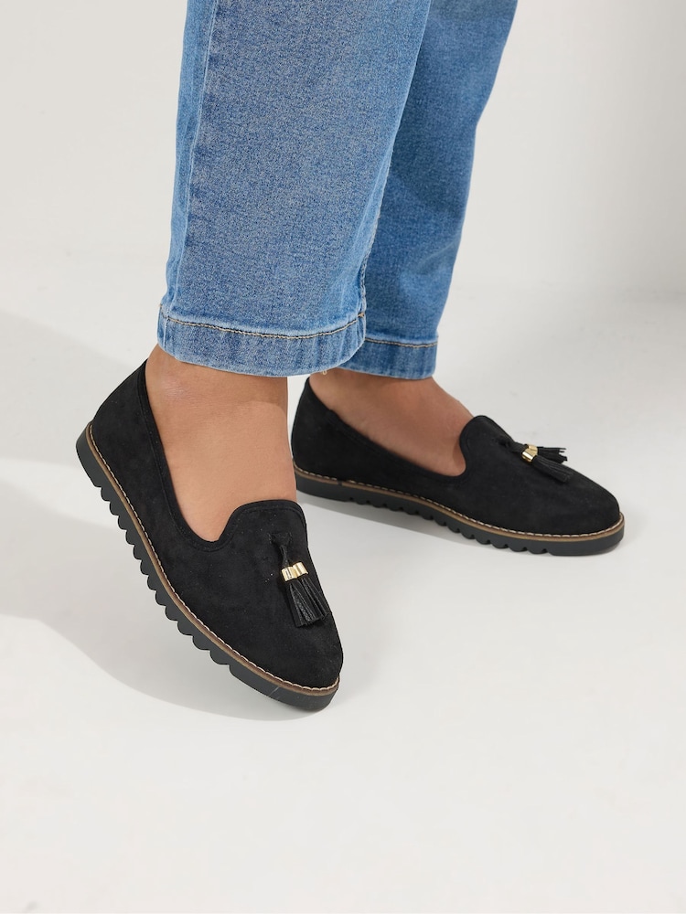 Yours Curve Black Wide Fit Tassel Slipper Loafers - Image 1 of 5 Yours Curve Black Wide Fit Tassel Slipper Loafers - Image 1 of 5