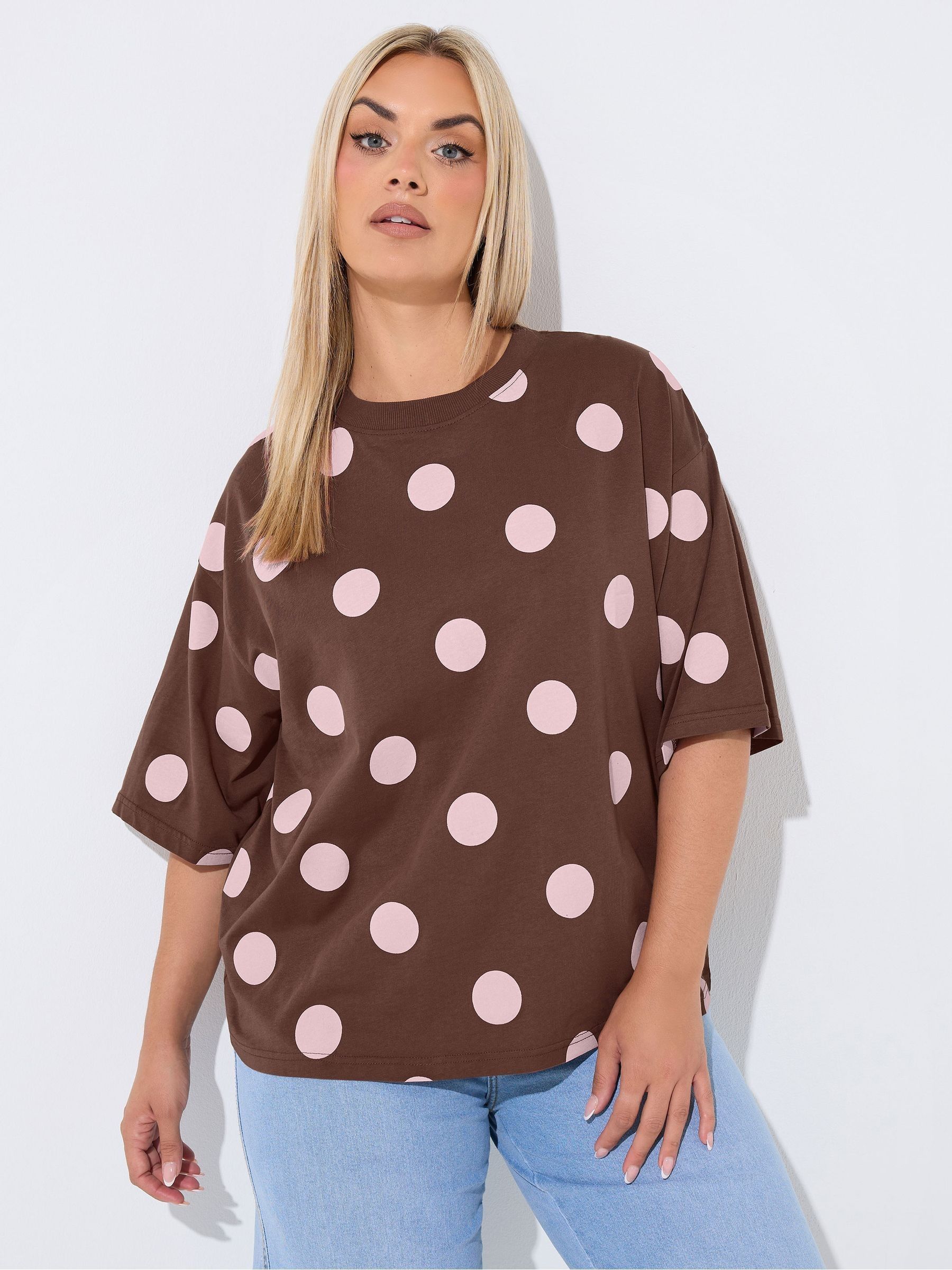 Yours Limited Women's Brown Curve Polka Dot T-Shirt - Image 2