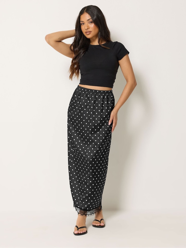 PixieGirl Petite Black Satin Spot Lace Hem Skirt - Image 1 of 5 PixieGirl Petite Black Satin Spot Lace Hem Skirt - Image 1 of 5