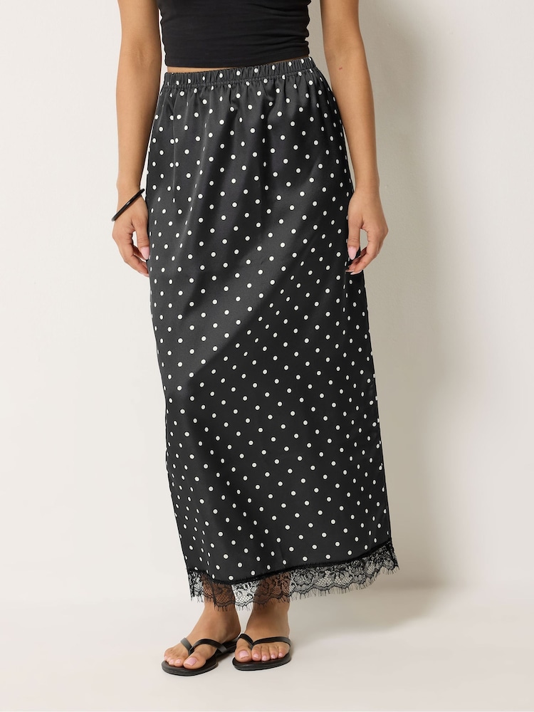 PixieGirl Petite Black Satin Spot Lace Hem Skirt - Image 2 of 5 PixieGirl Petite Black Satin Spot Lace Hem Skirt - Image 2 of 5