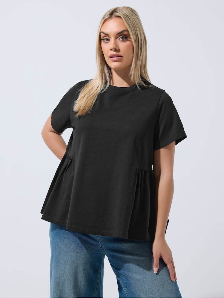 Yours Curve Black Limited Peplum Side Detail T-Shirt - Image 1 of 5