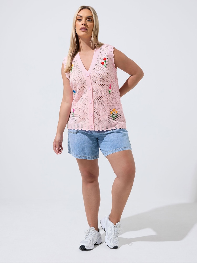 Yours Curve Pink Limited Mini Ditsy Knitted Waistcoat - Image 2 of 5 Yours Curve Pink Limited Mini Ditsy Knitted Waistcoat - Image 2 of 5