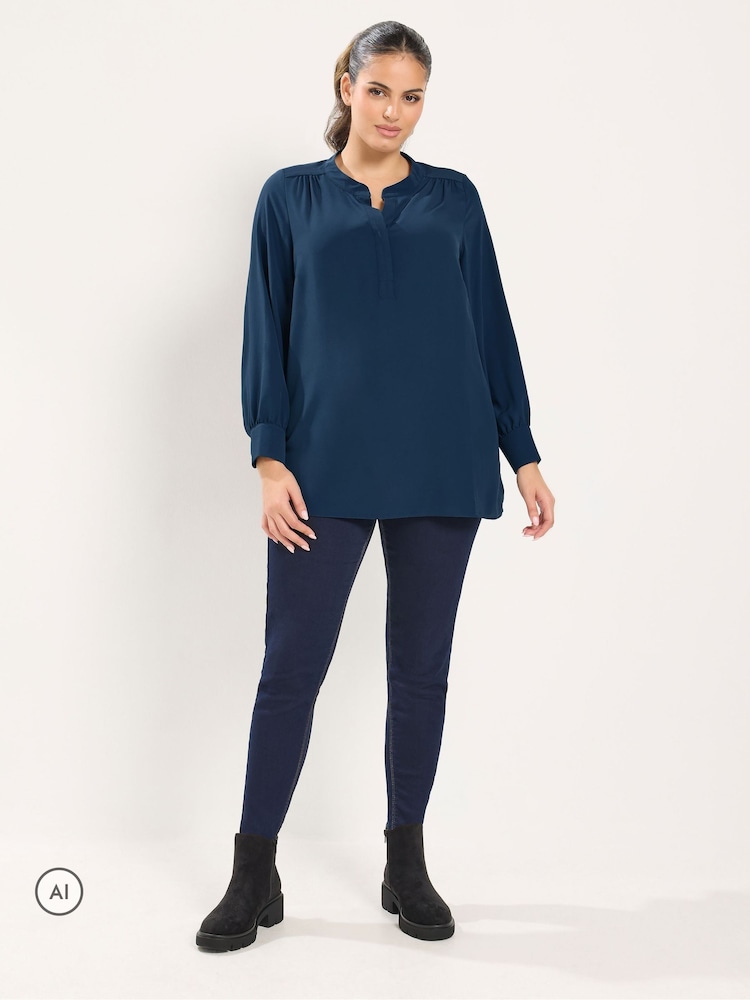 Yours Curve Blue Half Placket Blouse - Image 2 of 6 Yours Curve Blue Half Placket Blouse - Image 2 of 6
