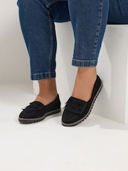 Yours Curve Black Wide Fit Bow Detail Fringe Loafers - Image 1 of 5