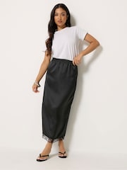PixieGirl Petite Black Satin Lace Hem Skirt - Image 1 of 6
