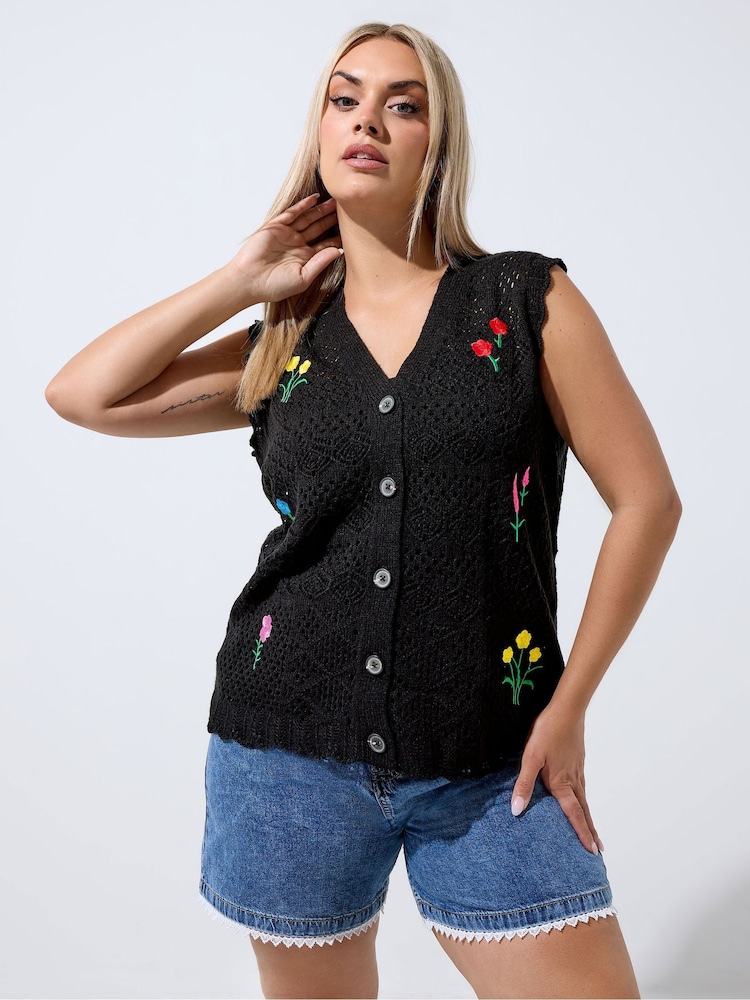 Yours Curve Black Limited Mini Ditsy Knitted Waistcoat - Image 1 of 6 Yours Curve Black Limited Mini Ditsy Knitted Waistcoat - Image 1 of 6