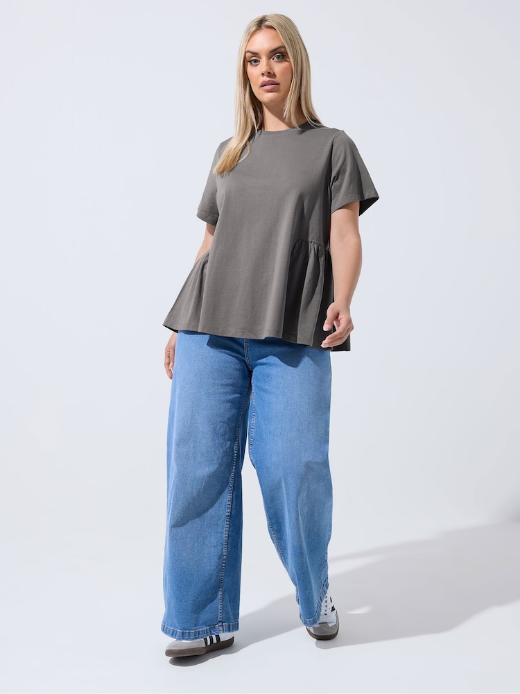 Yours Curve Grey Limited Peplum Side Detail T-Shirt - Image 2 of 5