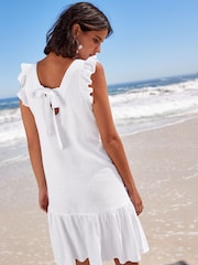 White Ruffle Sleeve Tie Back Mini Dress With Linen - Image 3 of 5