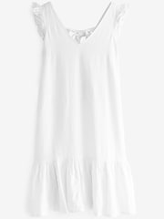 White Ruffle Sleeve Tie Back Mini Dress With Linen - Image 5 of 5