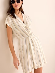 Striped Twist Front Linen Blend Mini Summer Dress - Image 1 of 5
