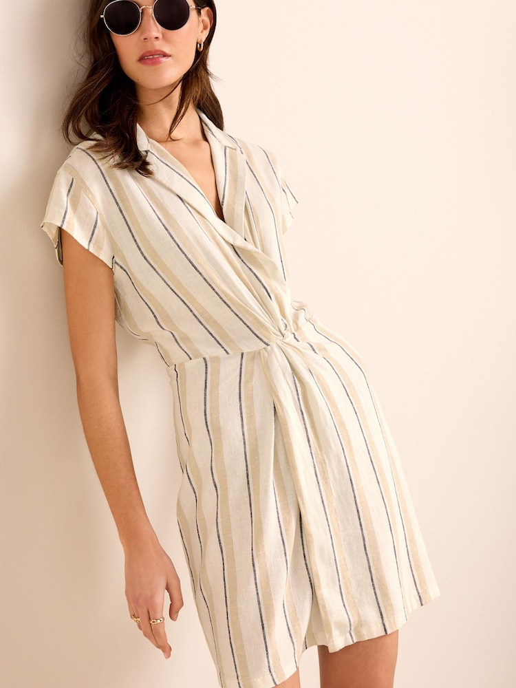 Striped Twist Front Linen Blend Mini Summer Dress - Image 1 of 5