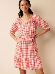 Red/White Check Puff Sleeve Linen Mix Mini Dress - Image 1 of 4